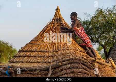 Donna che ripara un tetto di una capanna di costruzione tradizionale della tribù Toposa, Equatoria orientale, Sudan del Sud, Africa Foto Stock