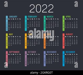 Calendario colorato dell'anno 2022, isolato su sfondo scuro. Modello vettoriale. Illustrazione Vettoriale