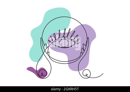 Sfera di cristallo magica con occhio chiaroveggente - talismano mistica esoterica con forme organiche astratte. Oggetto spirituale nei colori viola e turchese. Illustrazione Vettoriale