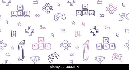 Modalità di gioco senza interruzioni. Illustrazione vettoriale del concetto di gioco video. I giocatori giocano con i tasti WASD e le apparecchiature per il gioco. Illustrazione Vettoriale