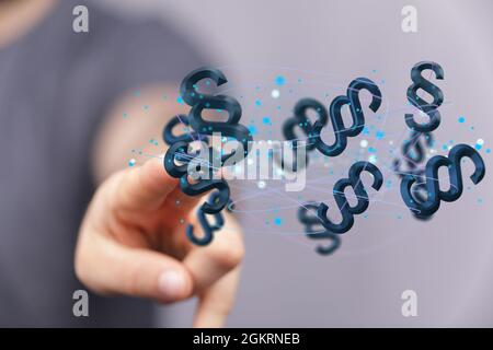 rendering 3d dei simboli di paragrafo di legge in uno schema con una mano che raggiunge su sfondo grigio Foto Stock