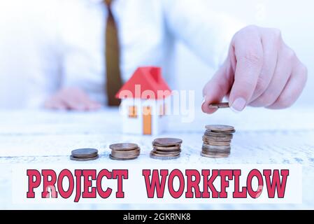 Didascalia di testo Presentazione del flusso di lavoro del progetto. Serie di foto concettuali di passi che devono essere presi per completare le attività nuove rate casa e. Foto Stock