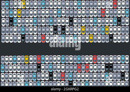 Auto nuove parcheggiate in file ordinate. Parcheggio logistico e di distribuzione della concessionaria del produttore. Illustrazione Vettoriale