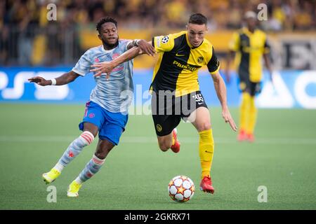 BERNA, SVIZZERA - SETTEMBRE 14: Silvan Hefti di BSC Young Boys e Fred di Manchester United durante la partita del gruppo F della UEFA Champions League tra BSC Young Boys e Manchester United allo Stadion Wankdorf il 14 Settembre 2021 a Berna, Svizzera. (Foto di FreshFocus/MB Media) Foto Stock