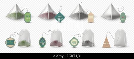 Piramide realistica e rettangolare verde, rosso e nero bustine di tè con tag. Mockup teabag 3d vuoto con etichette per set di vettori per bevande a base di erbe Illustrazione Vettoriale