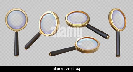 Vista dall'alto e angolare con lente di ingrandimento 3d realistica. Lente di ingrandimento con lente trasparente. Ingrandire lupa, zoom attrezzatura. Set di vettori di concetto di ricerca Illustrazione Vettoriale