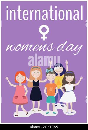 Testo internazionale del giorno delle donne e simbolo del genere femminile su icone delle donne su sfondo viola Foto Stock