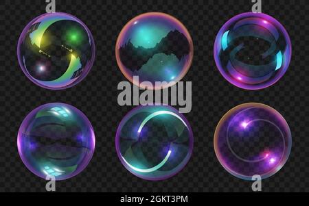 Bolle di sapone trasparenti realistiche con riflessi astratti lucidi. Sfere di vetro magiche effetto lucido. Set di bolle in schiuma colorata con acqua Illustrazione Vettoriale