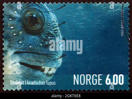 NORVEGIA - CIRCA 2004: Un francobollo stampato in Norvegia mostra Wolffish Atlantico, Anarhichas Lupus, Pesce, vita marina, circa 2004 Foto Stock