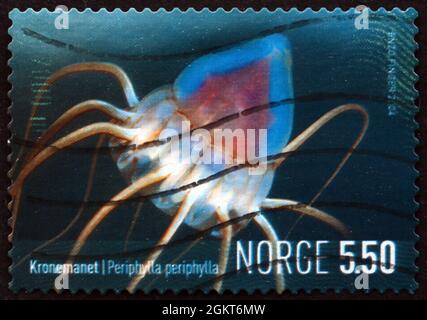 NORVEGIA - CIRCA 2004: Un francobollo stampato in Norvegia mostra casco Jellyfish, Periphylla Periphylla, Marine Life, circa 2004 Foto Stock