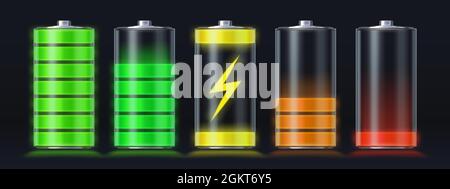 Ricarica realistica della batteria scarica fino al livello di energia massimo. Icona di carico dell'accumulatore dello smartphone che si illuminano con un fulmine. Vettore indicatore di carica impostato Illustrazione Vettoriale