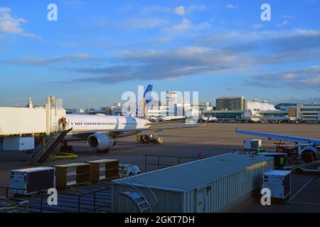 DENVER, CO -10 Apr 2021- Vista di un aereo da United Airlines (UA) all'aeroporto internazionale di Denver, o DIA (DEN). Foto Stock