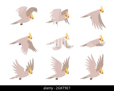 Cartoon cockatoo pappagallo fly animazione fotogrammi sequenza. Ciclo di sprite animate di uccelli tropicali che volano nel cielo. Ciclo di movimento vettoriale alare pappagallo Illustrazione Vettoriale
