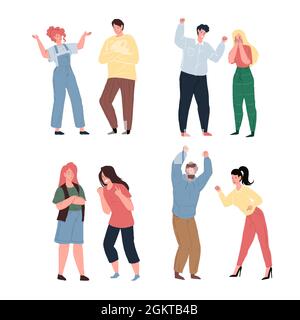 Caratteri flat in quarreling cartoon impostati in modo aggressivo, concetto di illustrazione vettoriale della scena di conflitto Illustrazione Vettoriale