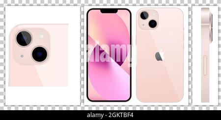 Vinnytsia, Ucraina - 15 settembre 2021. Nuovo Apple iPhone 13 colore rosa. Modello per smartphone. IPhone anteriore e posteriore con schermo mock-up. Vettore illus Illustrazione Vettoriale