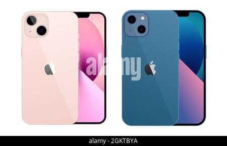 Vinnytsia, Ucraina - 15 settembre 2021. Nuovo iphone13 in due colori blu Pacifico e rosa di Apple Inc. Mock-up schermo iphone e retro lato iph Illustrazione Vettoriale