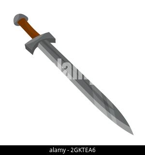 Spada tre quarti di vista. Arma medievale in stile cartone animato. Illustrazione Vettoriale