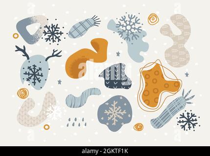 Insieme di elementi astratti di varie forme e scarabocchi. Vettoriale oggetti di disegno a mano trendy per il disegno di inverno o di natale. Illustrazione Vettoriale