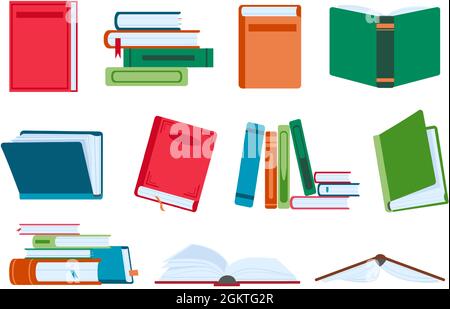 Libri piatti aperti e chiusi, pile e pile di librerie. Romanzo libro con segnalibro. Libri di testo per la lettura e l'istruzione. Set vettoriale della letteratura Illustrazione Vettoriale