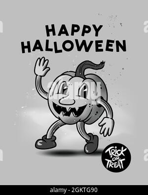 Un happy happy halloween vintage personaggio zucca! Illustrazione vettoriale dell'evento trick o treat. Illustrazione Vettoriale