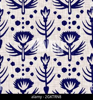 Indigo blu fiore blocco stampa tinta tessuto di lino sfondo. Campione giapponese di ripetizione batik tessuto senza cuciture. Sfocatura floreale organica afflosciata Foto Stock