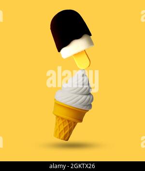 Layout creativo composto da una tazza per gelato e un bastone equilibrati su sfondo giallo. Concetto minimo di cibo estivo. Foto Stock