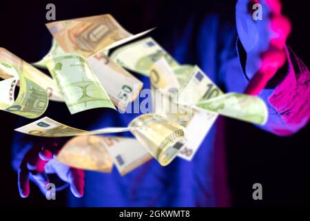 Illustrazione in 3D della banconota bancaria in euro in mano Foto Stock