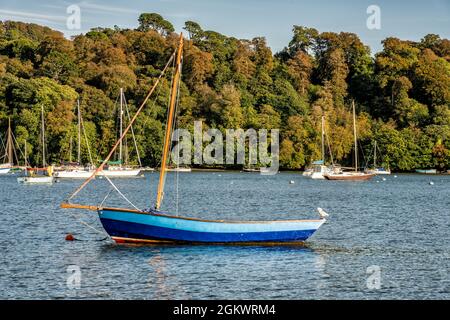 Barche a vela ormeggiate sul fiume Dart vicino Dittisham, Devon, Regno Unito Foto Stock