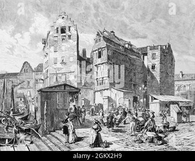 Giornata di mercato ad Altona sul fiume Elba, poi un sobborgo di Amburgo, oggi un quartiere della città di Amburgo, illustrazione storica 1880, Foto Stock