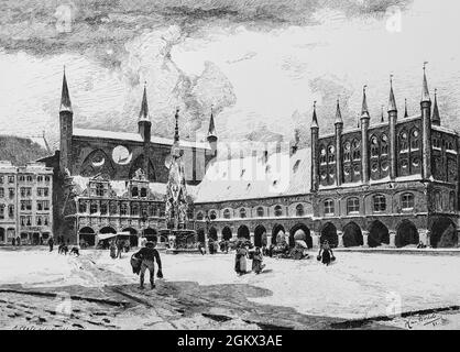 Municipio e Piazza del mercato nella città anseatica di Lübeck sul Mar Baltico, Schleswig-Holstein, Germania settentrionale, illustrazione storica 1880, Foto Stock