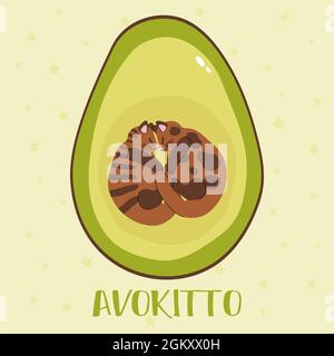 Avocado verde carino con gatti dorati all'interno. Cartoon stampa per bambini con avocado e cats.Cosy avocado e gattini dormiente in uno stile piatto Illustrazione Vettoriale