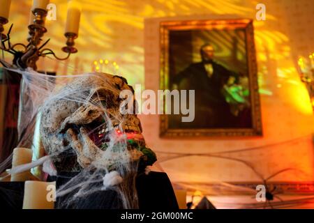 Uno scheletro e candele decorano la stanza Blu della Casa Bianca in preparazione ad un ricevimento di Halloween per famiglie militari e bambini del personale della Casa Bianca, 31 ottobre 2009. (Foto ufficiale della Casa Bianca di Pete Souza) questa fotografia ufficiale della Casa Bianca è resa disponibile solo per la pubblicazione da parte delle organizzazioni di notizie e/o per uso personale la stampa dal soggetto(i) della fotografia. La fotografia non può essere manipolata in alcun modo e non può essere utilizzata in materiali commerciali o politici, pubblicità, e-mail, prodotti, promozioni che in alcun modo suggeriscono l'approvazione o l'approvazione di Foto Stock