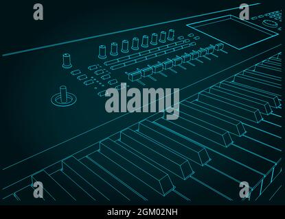 Illustrazione vettoriale stilizzata del primo piano della tastiera del sintetizzatore Illustrazione Vettoriale