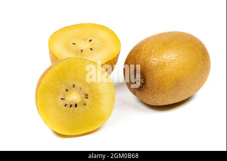 Un kiwi dorato maturo su sfondo bianco Foto Stock