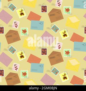 Buste postali e francobolli con foglie autunnali. Motivo senza cuciture su sfondo beige. Illustrazione Vettoriale