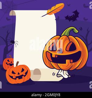 Buon Halloween. Cartoon cute zucca con faccia divertente su vintage scroll vuoto sfondo Halloween Illustrazione Vettoriale