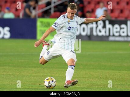 Washington, Stati Uniti. 15 settembre 2021. Chicago Fire FC Forward Fabian Herbers (21) spara un colpo contro D.C. United nella prima metà al campo Audi a Washington, DC, mercoledì 15 settembre 2021. United sconfigged Fire FC, 3-0. (Foto di Chuck Myers/Sipa USA) Credit: Sipa USA/Alamy Live News Foto Stock