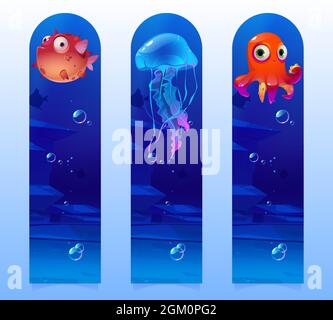 I preferiti dei bambini con i cartoni animati subacquei creature puffer pesce, meduse e polpo in mare o in fondo. Animali oceanici con volti carini e grandi occhi, personaggi marini, cartoon vettore verticale banner set Illustrazione Vettoriale