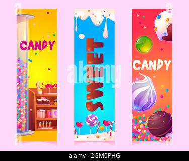 Dolci e caramelle cartoni animati banner verticali o segnalibri con prodotti dolciari o pasticceria, vetrina con torte al cioccolato e lecca, crema e draghi gocciolanti, set di modelli Vector Illustrazione Vettoriale