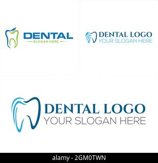 Design del logo dentista con linea vettoriale a balestra Illustrazione Vettoriale