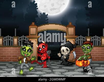 Buon Halloween partito con gruppo di bambini in costume diverso Illustrazione Vettoriale