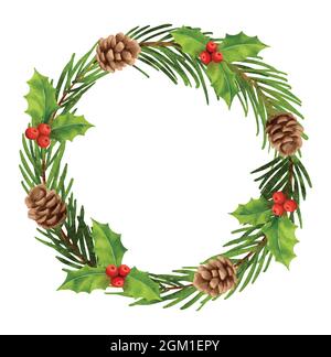 Natale wreath decorazioni acquerello stile. Acero, abete, ramo, cono di pino, abete rosso, isolato su sfondo bianco. Illustrazione Vettoriale