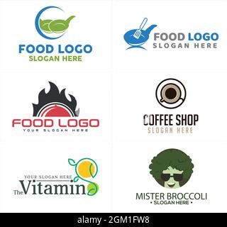 Cibo sano broccoli serving logo design Illustrazione Vettoriale