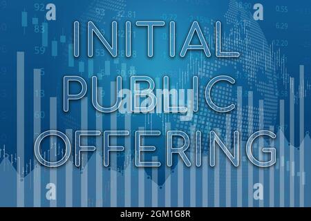 Termine finanziario IPO (Initial Public offering) su sfondo blu di finanza. Trend su e giù. Illustrazione 3D. Concetto di mercato finanziario Foto Stock