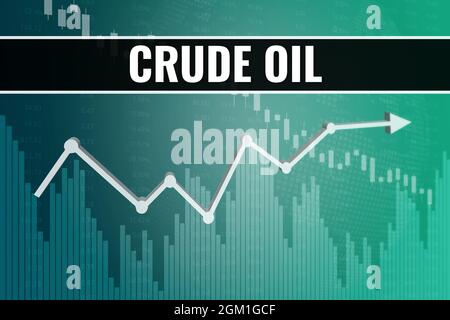 Variazione dei prezzi sui futures del petrolio greggio nel mondo su sfondo blu verde finanza. Trend su e giù. Illustrazione 3D. Concetto di mercato dei derivati finanziari Foto Stock