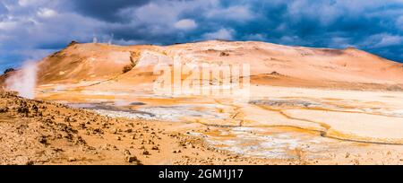 Panorama della zona geotermica di Namafjall, Krafla, Islanda Foto Stock