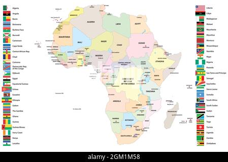 Mappa vettoriale degli stati sovrani dell'Africa con le loro bandiere Illustrazione Vettoriale