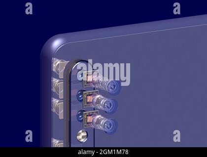 Smartphone con tre fotocamere, illustrazione del concetto di design ottico, rendering 3D Foto Stock