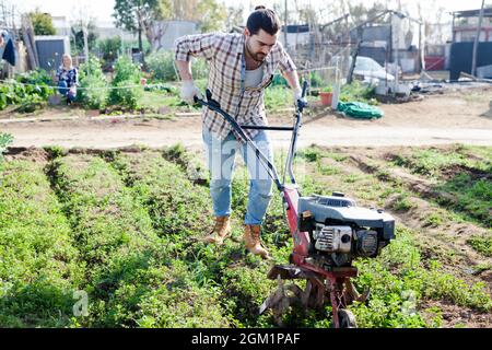 Giardiniere utilizzando coltivatore motorizzato nel suo giardino Foto Stock