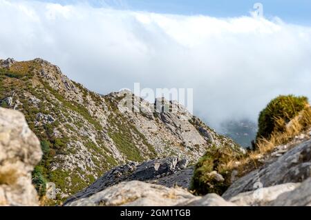 Paesaggio di montagna all'Isola d'Elba nel mediterraneo vicino alla Toscana. Abbiamo preso la funivia fino a Monte Capanne, la vetta più alta dell'isola Foto Stock